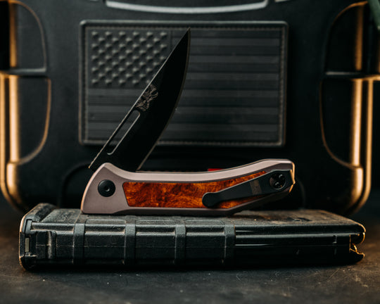 Kwaiken Folder Custom - Amboyna, Anodized Gray Handle, Black Nitride Blade, Textured Grip, Deep Carry Pocket Clip