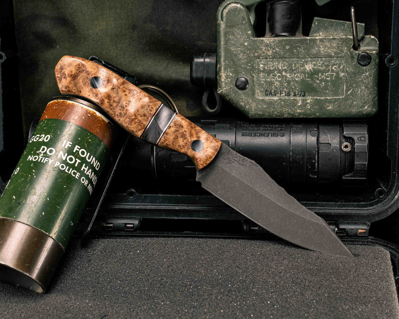 Field Knife Jr- Black Ash Burl, Black G10 and Copper Pin Striping, Copper Dark Matter Carbon Split, CF Pins, Textured Grip