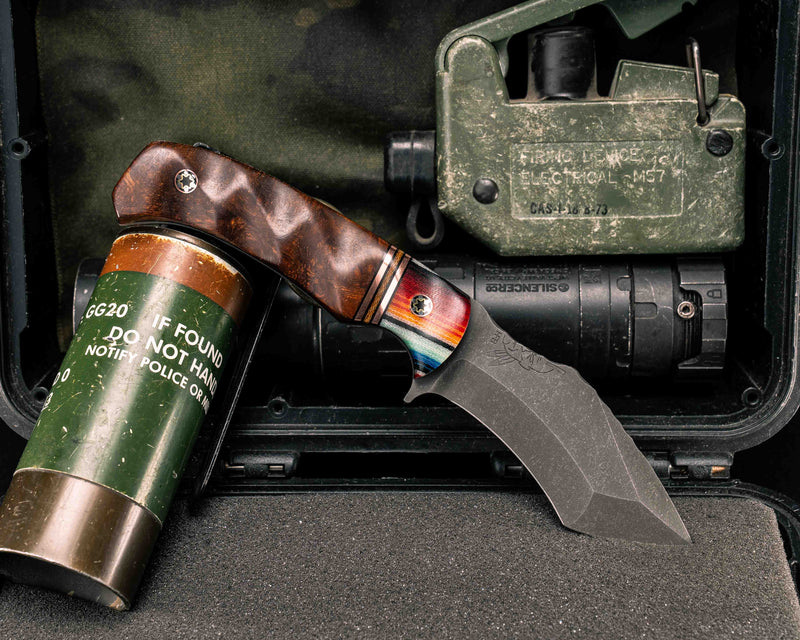 Buteo- Especial Thin G-carta, Black G10, Copper and Naturla Canvas Micarta Split, Desert Ironwood, Mosaic Pins, Textured Grip