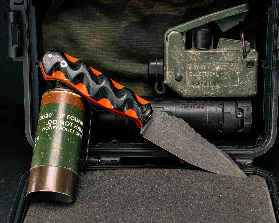 Field Knife- Black Canvas Micarta Over Orange G10, Mosaic Pins, Textured Grip