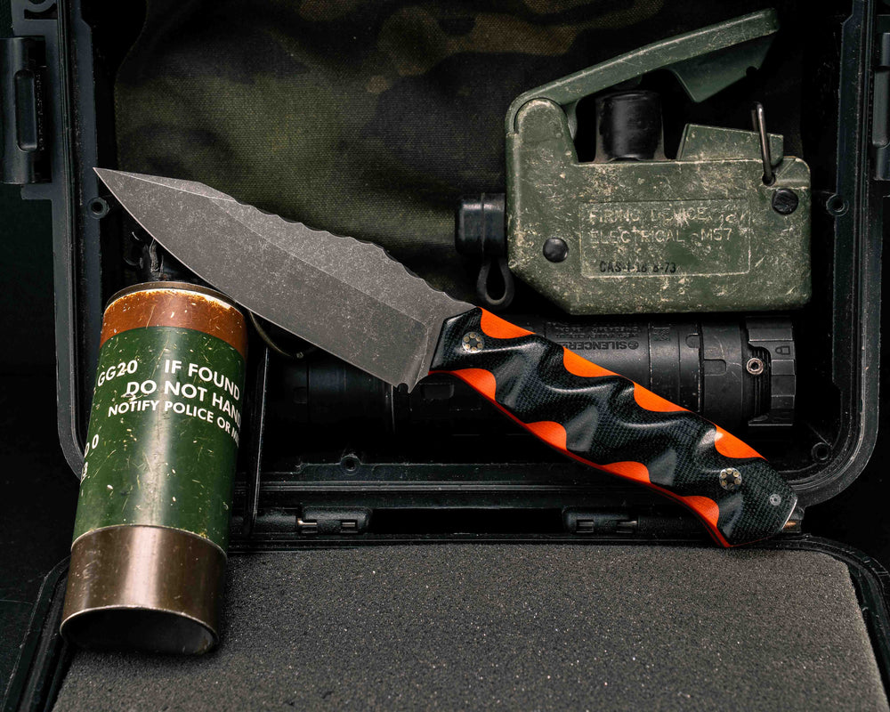 Field Knife- Black Canvas Micarta Over Orange G10, Mosaic Pins, Textured Grip