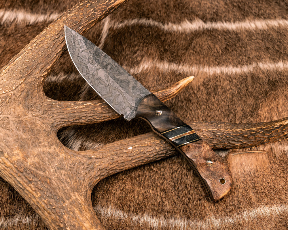 Cavner- Hawaiian Curly Mango, Black G10, Brass and Natural Canvas Micarta Pin Striping, Black Canvas Micarta Split, Mesquite, Mosaic Pins, Brass Lanyard Pin, Textured Grip