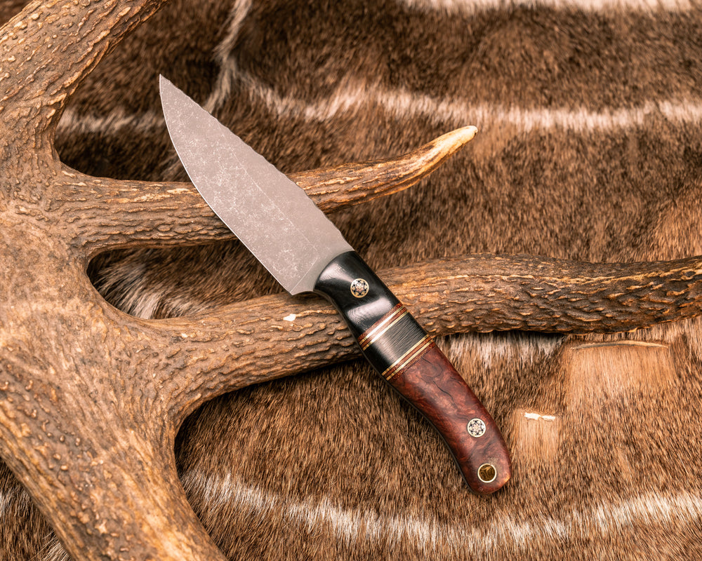 Feather Light- Bison Horn, Natural Canvas Micarta and Brass Pin Striping, Carbon Split, Dyed Maple, Mosaic Pins, Brass Lanyard Pin, Textured Grip