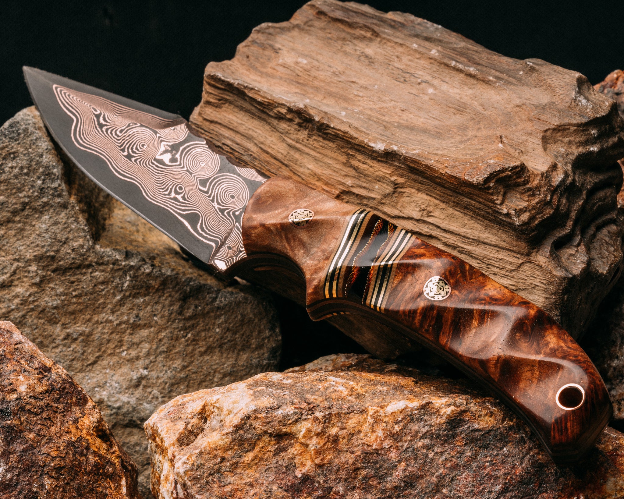 Pirate copper damascus, maple, earth G10/ black G10/ and brass pin s