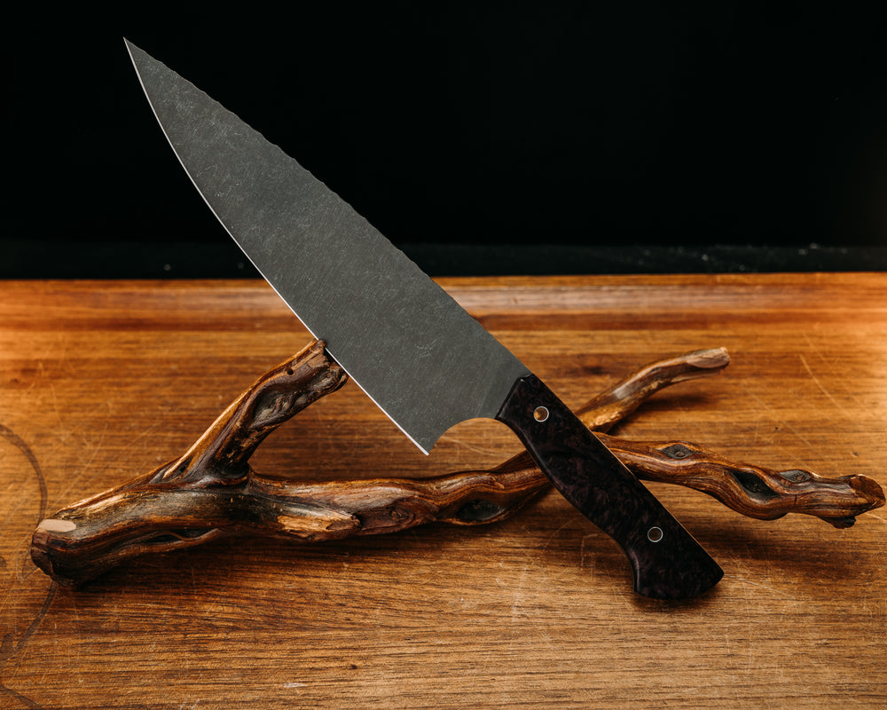 Chef Blade- Dyed Curly Maple, Aluminum Hollow Pins, Smooth Grip