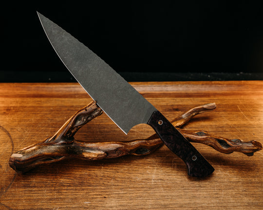 Chef Blade- Dyed Curly Maple, Aluminum Hollow Pins, Smooth Grip