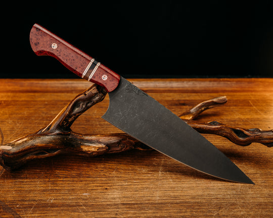 Chef Blade- Dyed Black Ash, Black & White G10 w/ Copper Pin Striping, Desert Ironwood split, Patriot Mosaic Pins, Smoooth Grip.