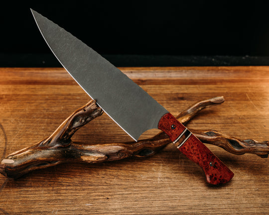 Chef Blade- Dyed Black Ash, Black & White G10 w/ Copper Pin Striping, Desert Ironwood split, Patriot Mosaic Pins, Smoooth Grip.
