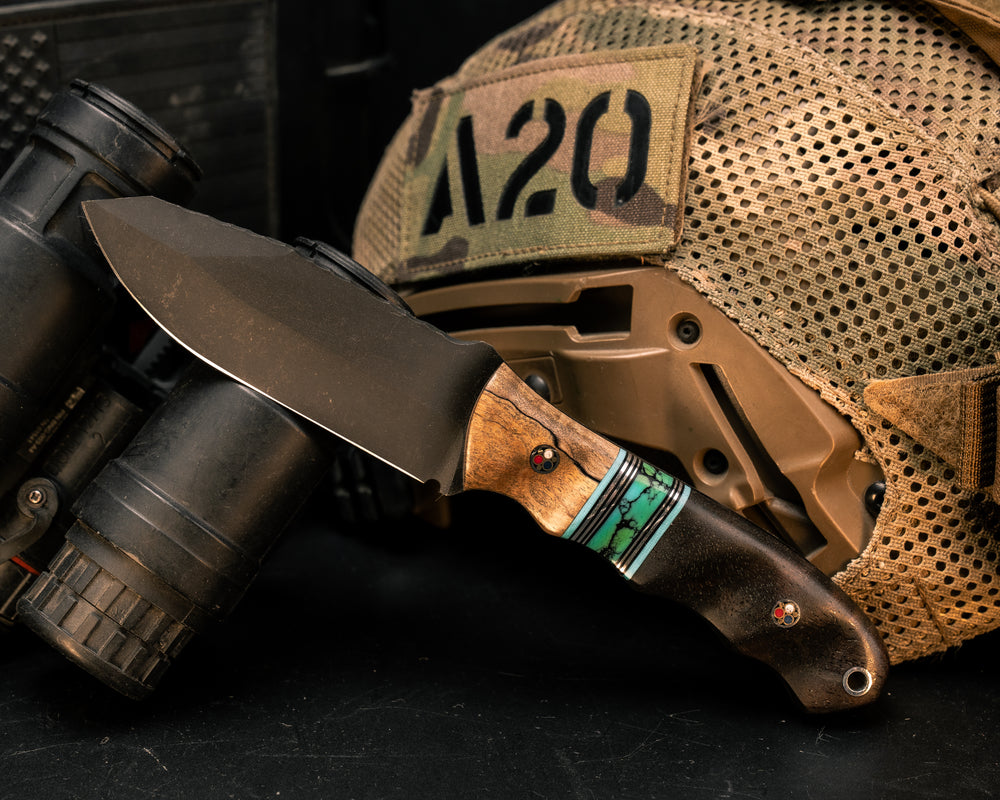 Disaster Jr- Spalted Maple, Teal G10, Black G10 and Aluminum Pin Striping, Turquoise with Black Matrix Tru-stone Split, Ebony Wood, Patriot Mosaic Pins, Aluminum Lanyard Pin, Textured Grip