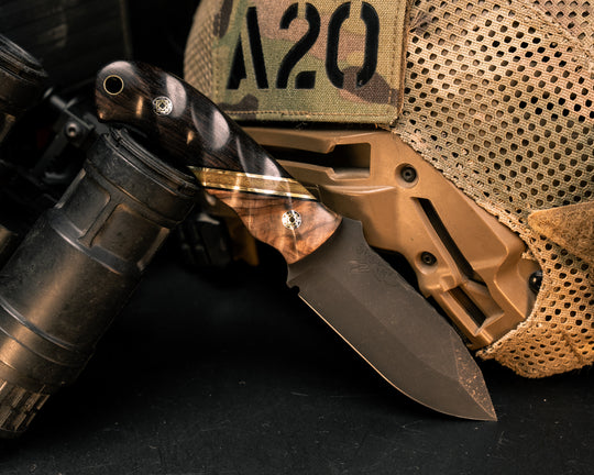 Disaster Cub- Maple, Black G10, Brass and OD Green Canvas Micarta Split, African Blackwood. Mosaic Pins, Brass Lanyard Pin, Textured Grip