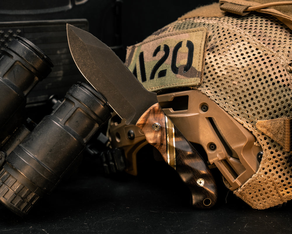 Disaster Cub- Maple, Black G10, Brass and OD Green Canvas Micarta Split, African Blackwood. Mosaic Pins, Brass Lanyard Pin, Textured Grip