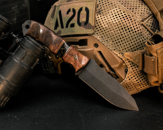 Disaster Jr- Mahogany, Natural Canvas Micarta and Brass Pin Striping, Black with Gold Web Tru-stone Split, Maple, Mosaic Pins, Textured Grip