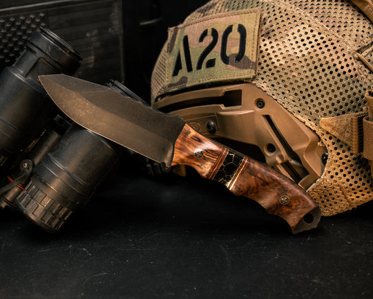 Disaster Jr- Mahogany, Natural Canvas Micarta and Brass Pin Striping, Black with Gold Web Tru-stone Split, Maple, Mosaic Pins, Textured Grip