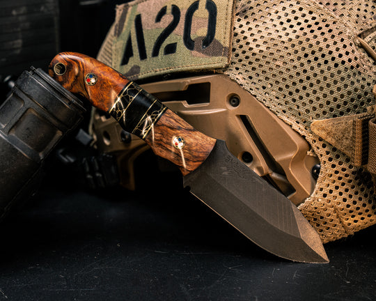 Disaster Cub- Maple, Black G10 and Brass Pin Striping, Black with Gold Web Tru-stone and Bison Horn Split, Desert Ironwood, Patriot Mosaic Pins, Brass Lanyard Pin, Textured Grip