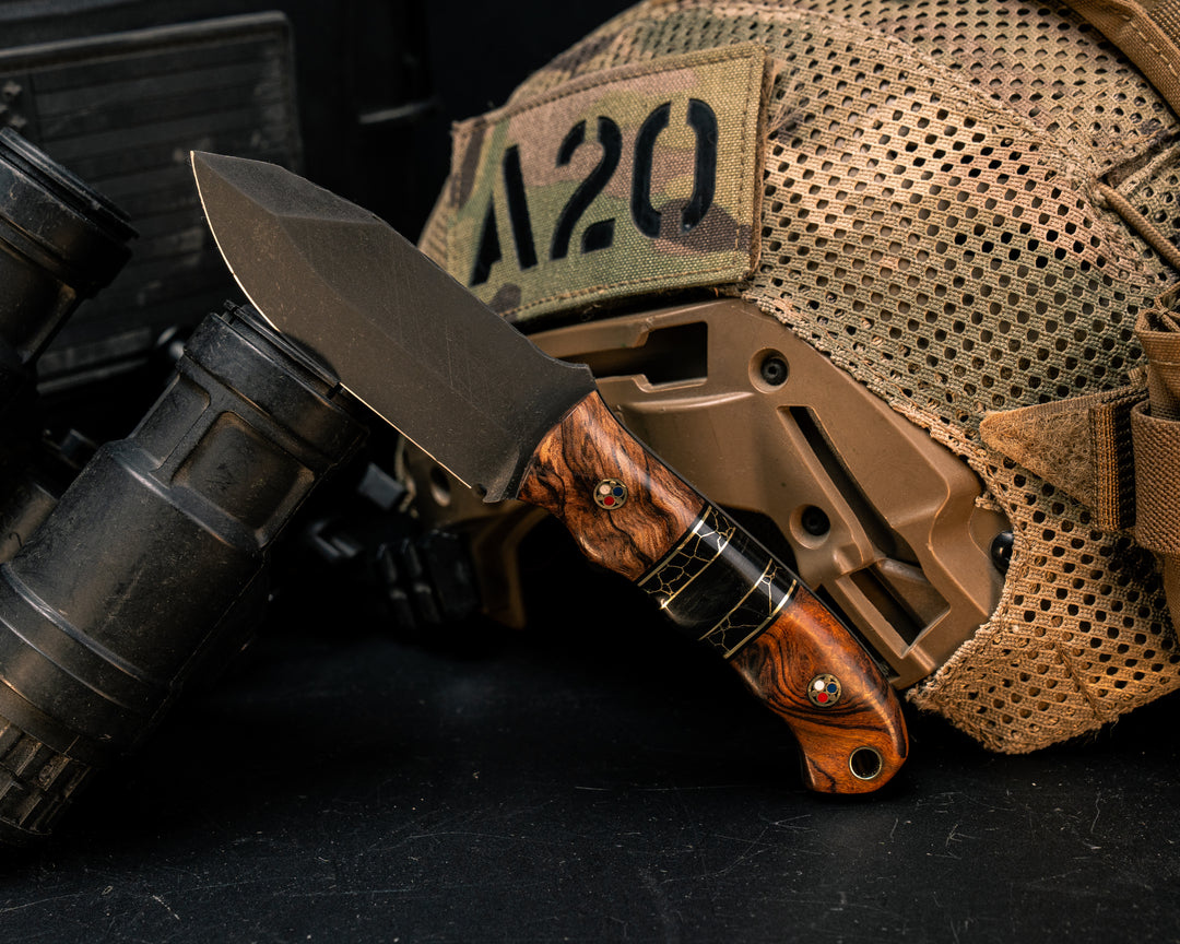 Disaster Cub- Maple, Black G10 and Brass Pin Striping, Black with Gold Web Tru-stone and Bison Horn Split, Desert Ironwood, Patriot Mosaic Pins, Brass Lanyard Pin, Textured Grip