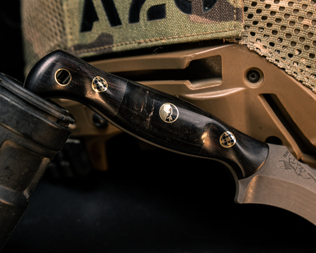 Extremis MK1- African Blackwood, Bison Horn Split, Mosaic Pins, Half Face MosaicPin, Brass Lanyard Pin, Textured Grip