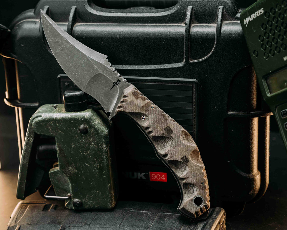 War Pig- HFB X Dire Pacific- Crye Precision AOR 1 Cammie Micarta, Textured Grip