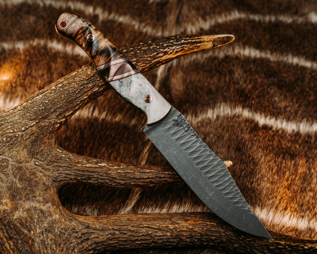 Crow Scout - Coyote, Ivory & OD Green G10 w/ Copper Pin Striping, Space Coral Copper Carbon Split, Hawaiian Curly Koa, , Patriot Pins, Copper Lanyard Pin, Grooved Grip.