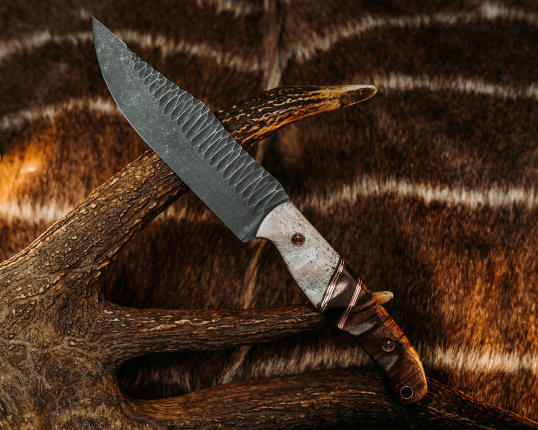 Crow Scout - Coyote, Ivory & OD Green G10 w/ Copper Pin Striping, Space Coral Copper Carbon Split, Hawaiian Curly Koa, , Patriot Pins, Copper Lanyard Pin, Grooved Grip.
