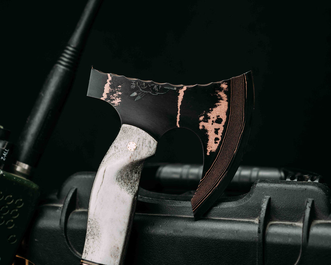 Mini Viking Hawk- Baker Forge Random Pattern CopperMai NiShim- Elk Antler, Black G10, Coyote G10 and Copper Pin Striping, Black with Copper Web Tru-stone Split, Desert Ironwood, Mosaic Pins, Textured Grip