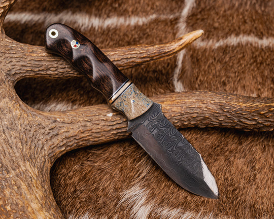 Disaster Cub- Baker Forge Ice Storm Damascus- Dinosaur Bone, Aluminum, Black G10 and Brass Split, Redwood, 1/8" Patriot Mosaic Pin, Patriot Mosaic Pin, Aluminum Lanyard Pin, Textured Grip