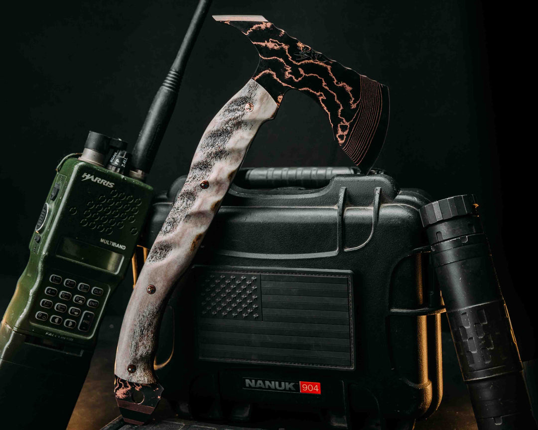 Recce Alpha Hawk- Baker Forge Random Pattern CopperMai- Elk Antler, Copper Patriot Mosaic Pins, Textured Grip