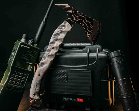 Recce Alpha Hawk- Baker Forge Random Pattern CopperMai- Elk Antler, Copper Patriot Mosaic Pins, Textured Grip