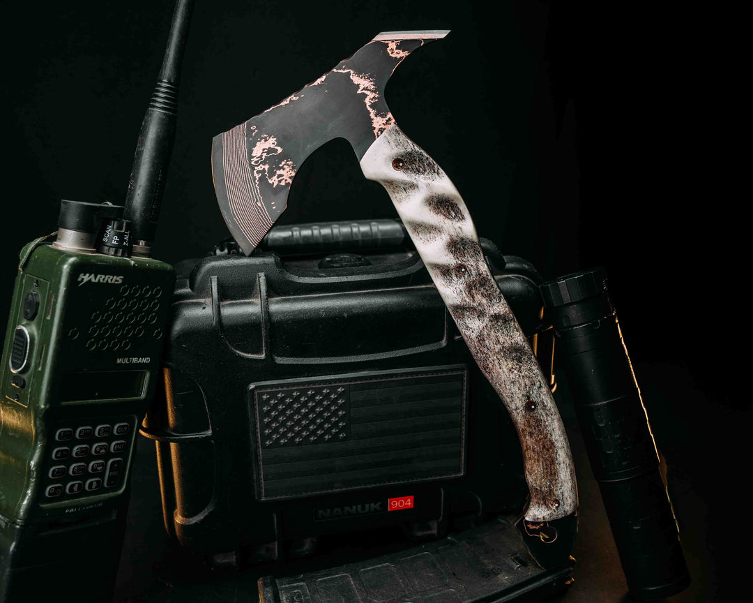 Recce Alpha Hawk- Baker Forge Random Pattern CopperMai- Elk Antler, Copper Patriot Mosaic Pins, Textured Grip