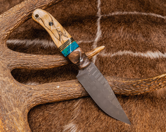 Crow Jr- Vegas Forge Basketweave Damascus- Maple, Black G10 Pin Striping, Chrysocolla Tru-stone Split, Spalted Maple, Mosaic Pins, Brass Lanyard Pin, Textured Grip