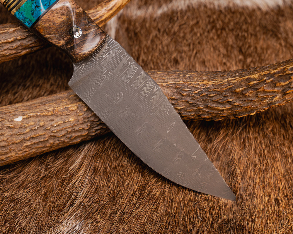 Crow Jr- Vegas Forge Basketweave Damascus- Maple, Black G10 Pin Striping, Chrysocolla Tru-stone Split, Spalted Maple, Mosaic Pins, Brass Lanyard Pin, Textured Grip