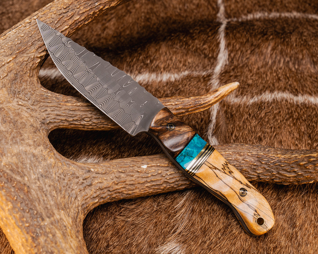 Crow Jr- Vegas Forge Basketweave Damascus- Maple, Black G10 Pin Striping, Chrysocolla Tru-stone Split, Spalted Maple, Mosaic Pins, Brass Lanyard Pin, Textured Grip