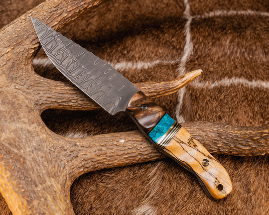 Crow Jr- Vegas Forge Basketweave Damascus- Maple, Black G10 Pin Striping, Chrysocolla Tru-stone Split, Spalted Maple, Mosaic Pins, Brass Lanyard Pin, Textured Grip