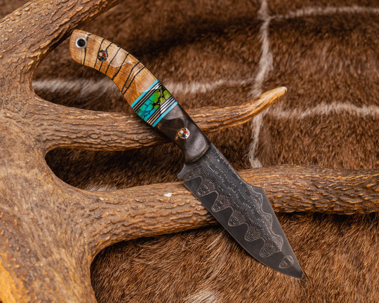 Widow Maker JR- Vegas Forge Damascus- Walnut, Tiffany Blue G10, Black G10 and Aluminum Pin Striping, Turquoise with Black Matrix Tru-stone Split, Spalted Maple, Patriot Mosaic Pins, Aluminum Lanyard Pin, Textured Grip
