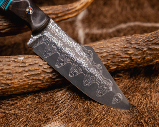 Widow Maker JR- Vegas Forge Damascus- Walnut, Tiffany Blue G10, Black G10 and Aluminum Pin Striping, Turquoise with Black Matrix Tru-stone Split, Spalted Maple, Patriot Mosaic Pins, Aluminum Lanyard Pin, Textured Grip