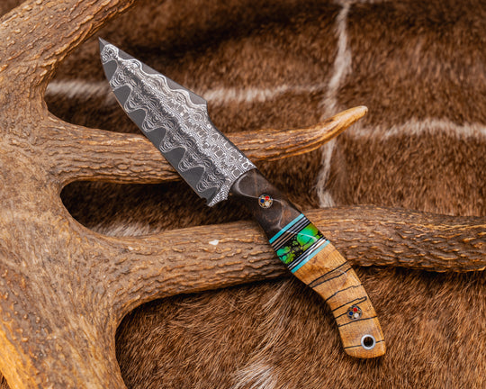 Widow Maker JR- Vegas Forge Damascus- Walnut, Tiffany Blue G10, Black G10 and Aluminum Pin Striping, Turquoise with Black Matrix Tru-stone Split, Spalted Maple, Patriot Mosaic Pins, Aluminum Lanyard Pin, Textured Grip