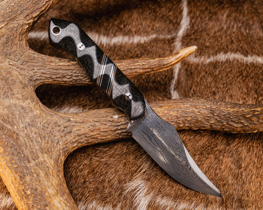 Red Cloud- Baker Forge Random Pattern Damascus- Black Burlap Micarta, Black G10, Coyote G10 and Aluminum Pin Striping, Black Burlap Micarta Split, Black Burlap Micarta, Mosaic Pins, Aluminum Lanyard Pin, Textured Grip