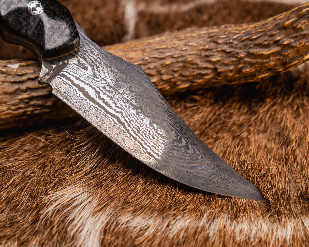 Red Cloud- Baker Forge Random Pattern Damascus- Black Burlap Micarta, Black G10, Coyote G10 and Aluminum Pin Striping, Black Burlap Micarta Split, Black Burlap Micarta, Mosaic Pins, Aluminum Lanyard Pin, Textured Grip