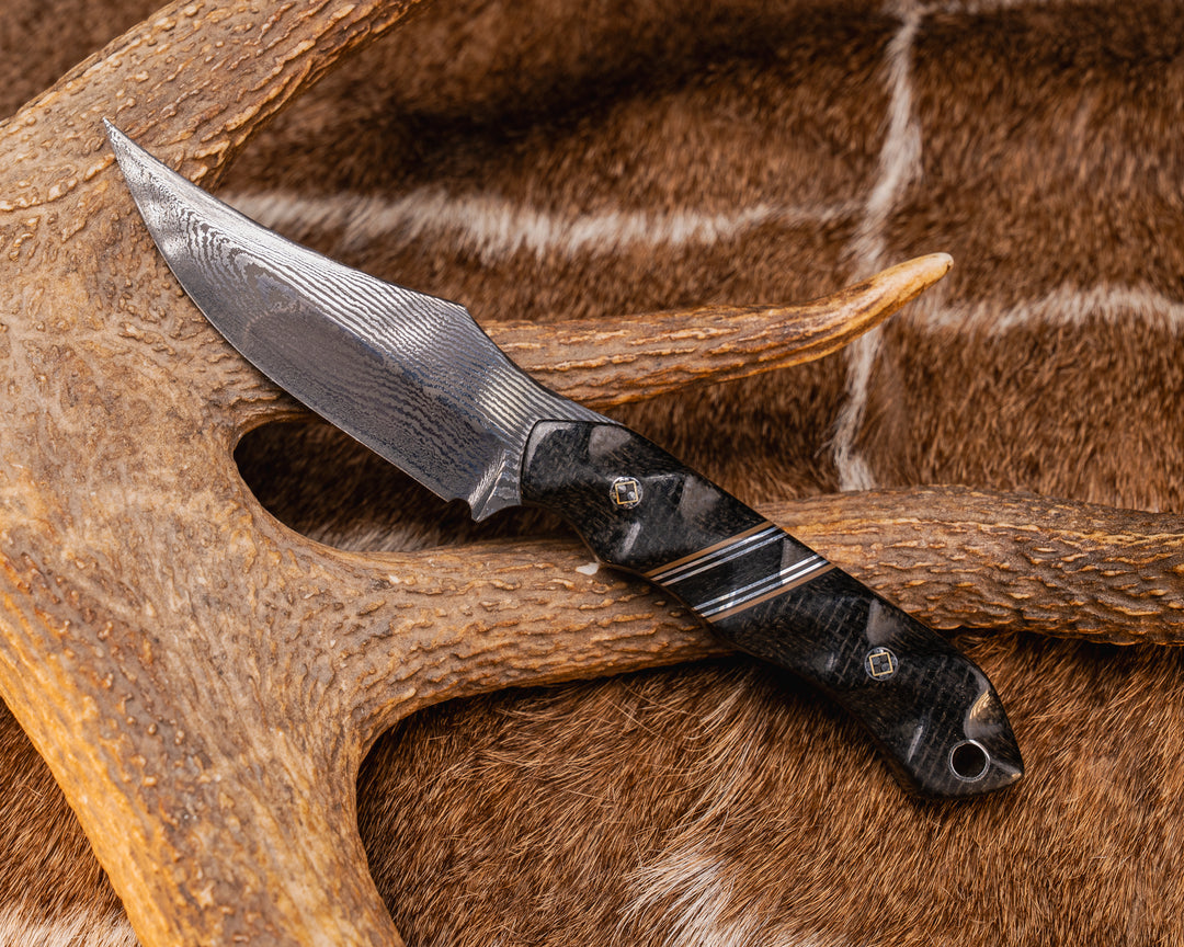 Red Cloud- Baker Forge Random Pattern Damascus- Black Burlap Micarta, Black G10, Coyote G10 and Aluminum Pin Striping, Black Burlap Micarta Split, Black Burlap Micarta, Mosaic Pins, Aluminum Lanyard Pin, Textured Grip