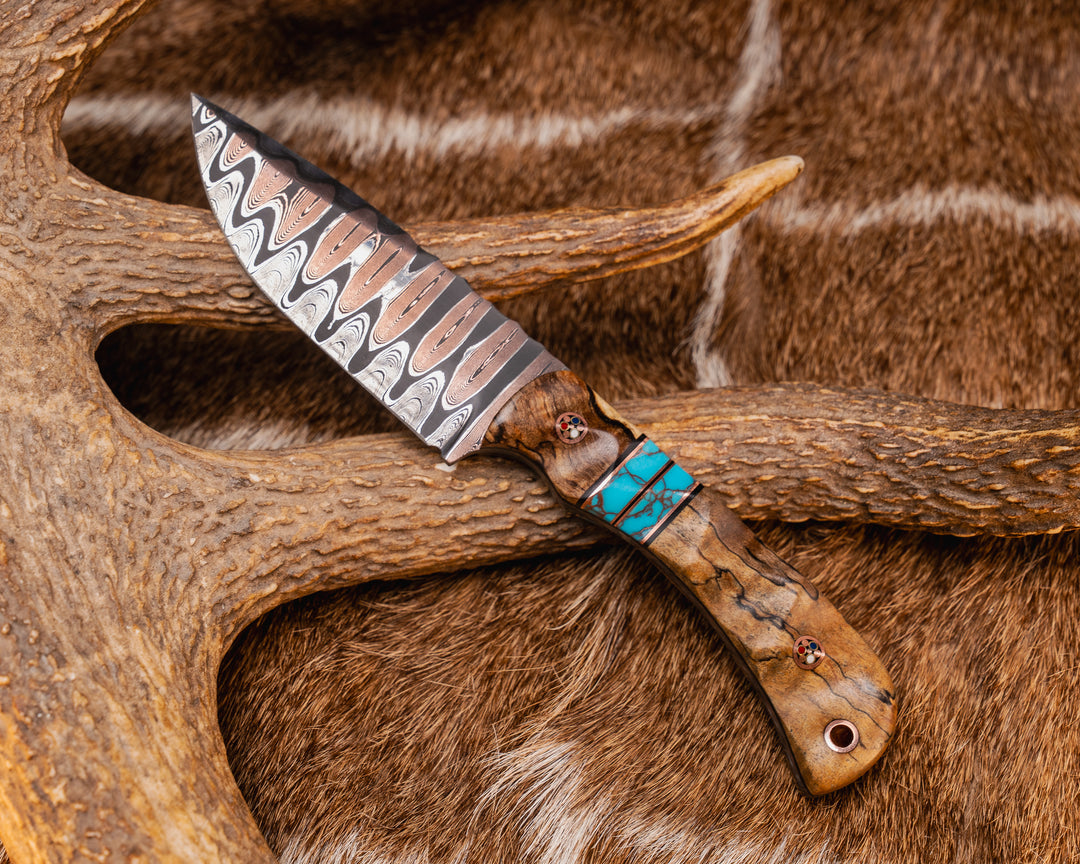 Cav Jr- Baker Forge Ladder Pattern CopperMai- Spalted Maple, Black G10 and Copper Pin Striping, Turquoise with Copper Matrix Tru-stone Split, Spalted Tamarind, Copper Patriot Mosaic Pins, Copper Lanyard Pin, Textured Grip