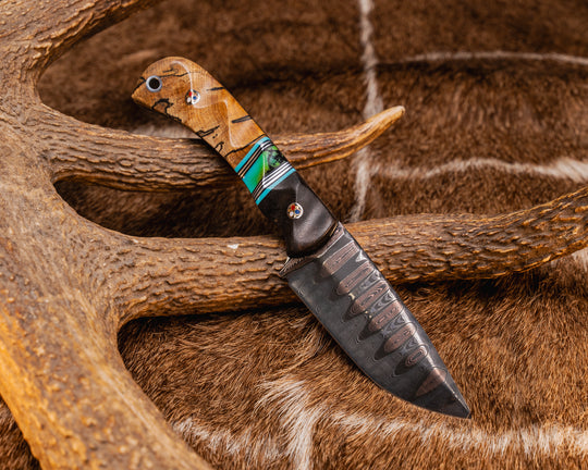 Cav Jr- Baker Forge Ladder Pattern CopperMai- African Blackwood, Tiffany Blue G10, Black G10 and Aluminum Pin Striping, Turquoise with Black Matrix Tru-stone Split, Spalted Maple, Patriot Mosaic Pins, Aluminum Lanyard Pin, Textured Grip