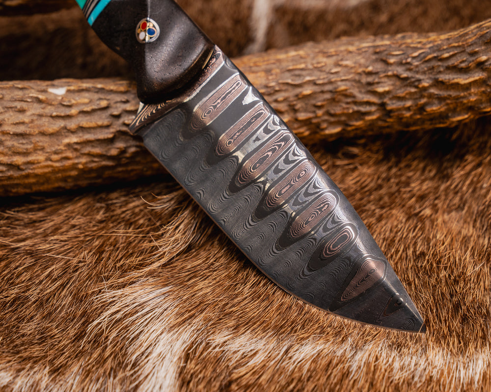 Cav Jr- Baker Forge Ladder Pattern CopperMai- African Blackwood, Tiffany Blue G10, Black G10 and Aluminum Pin Striping, Turquoise with Black Matrix Tru-stone Split, Spalted Maple, Patriot Mosaic Pins, Aluminum Lanyard Pin, Textured Grip