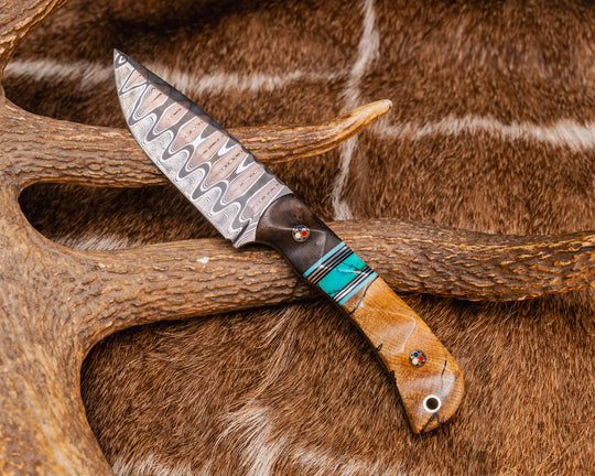 Cav Jr- Baker Forge Ladder Pattern CopperMai- African Blackwood, Tiffany Blue G10, Black G10 and Aluminum Pin Striping, Turquoise with Black Matrix Tru-stone Split, Spalted Maple, Patriot Mosaic Pins, Aluminum Lanyard Pin, Textured Grip