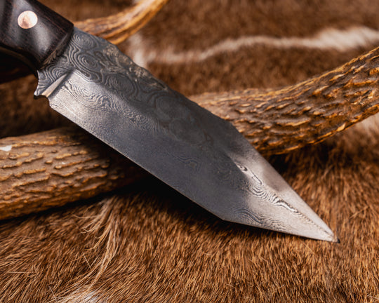 Crow Scout Tanto- Baker Forge Raindrop Pattern Damascus- Walnut, Black G10 and Copper Pin Striping, Bison Horn Split, CO Elk Antler, Copper Pins, Copper Lanyard Pin, Textured Grip