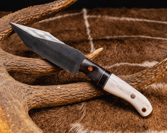Crow Scout Tanto- Baker Forge Raindrop Pattern Damascus- Walnut, Black G10 and Copper Pin Striping, Bison Horn Split, CO Elk Antler, Copper Pins, Copper Lanyard Pin, Textured Grip
