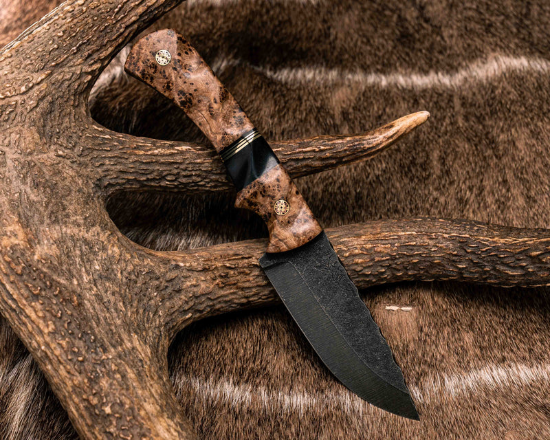 Nashi (Elmax Steel)- Black Ash Burl, Black G10 and Brass Pin Striping, African Blackwood Split, Mosaic Pins, Textured Grip