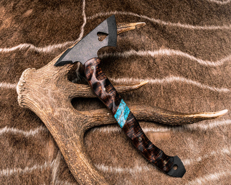 Bleeding Heart Hawk- Hawaiian Curly Koa, Coyote G10 and Copper Pin Striping, Turquoise with Copper Web Tru-stone Split, Mosaic Pins, Textured Grip