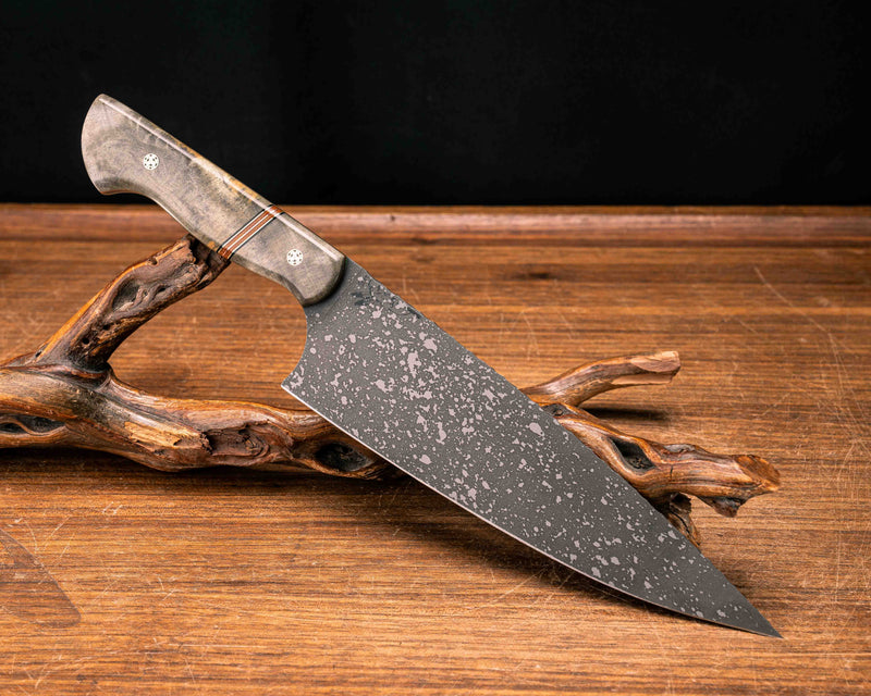 Chef Blade- Buckeye Burl, Black G10, Brass, Natural Canvas Micarta and Copper Pin Striping, Mosaic Pins, Smooth Grip