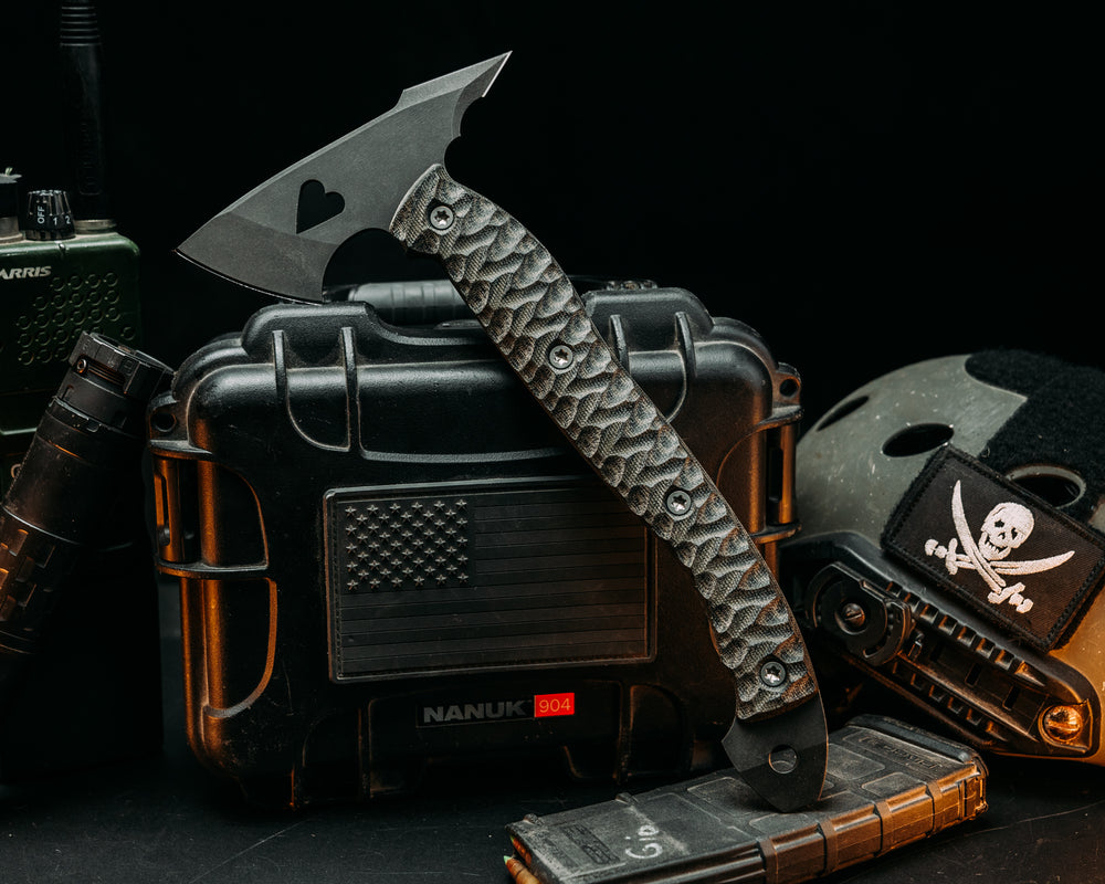 Bleeding Heart Hawk - OD Green & Black Canvas Micarta, Heart Cut Out, Ti Torx Bolts, Chaos Grip