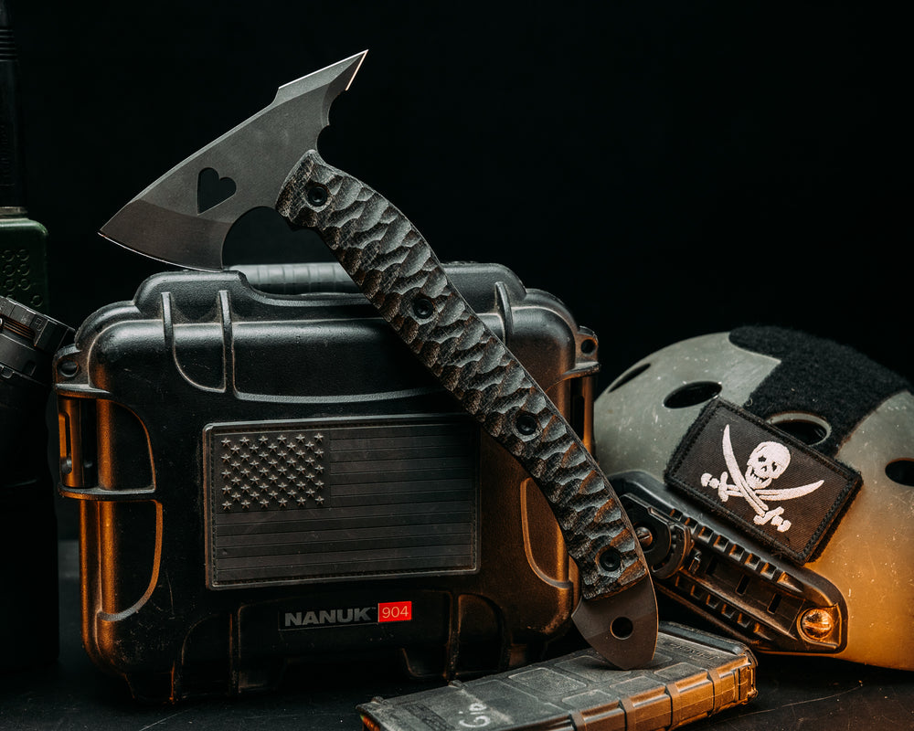 Bleeding Heart Hawk - Black Burlap Micarta, Heart Cut Out, Allen Bolts, Chaos Grip