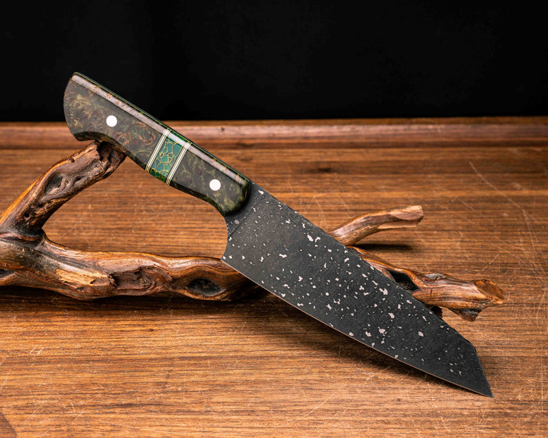 Santoku- Dyed Redwood Burl, Black G10, Acid Green G10 and Brass Pin Striping, Arizona Jade Tru-stone Split, Brass Pins, Smooth Grip